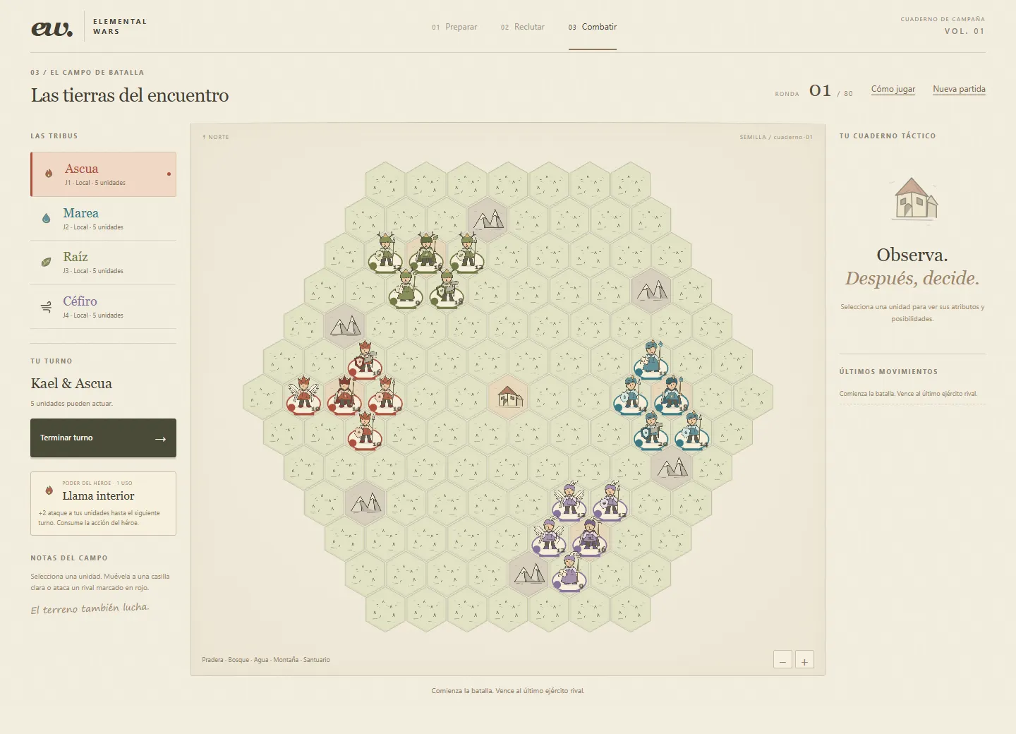 Paperturns battle on a hex map with four elemental armies