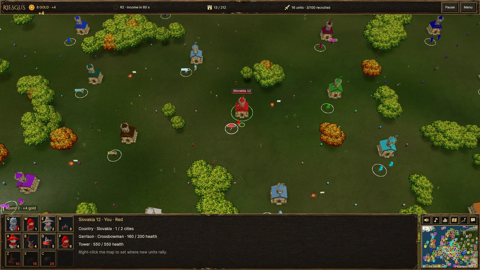 Riesgus in play: cities in player colours, unit panel and minimap